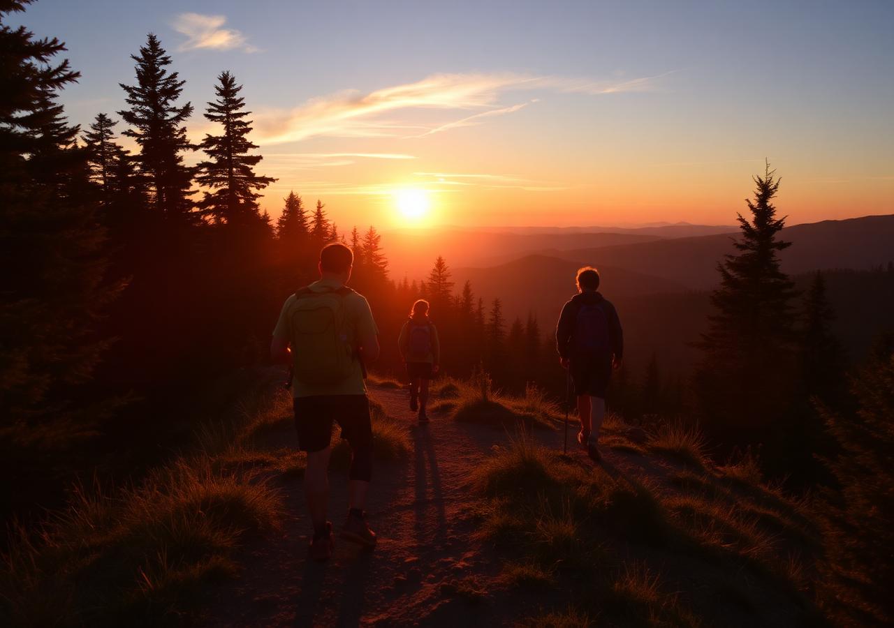 Venturers hiking a ridge trail at sunset