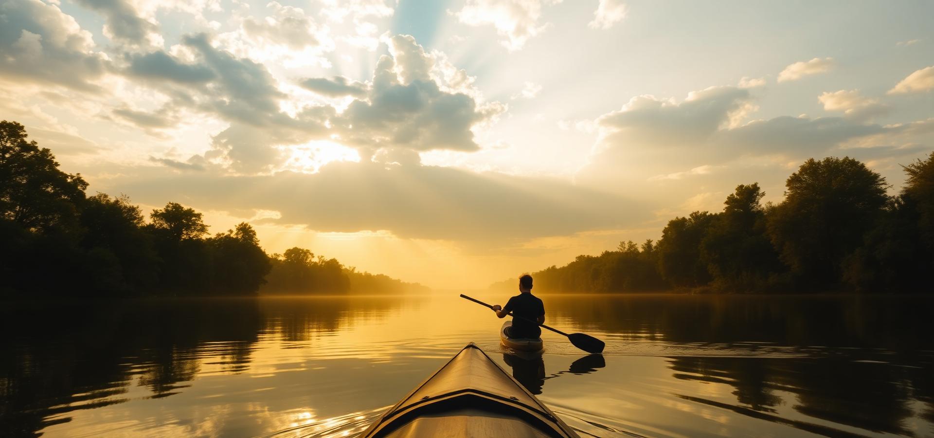 Paddler on a calm river at sunrise