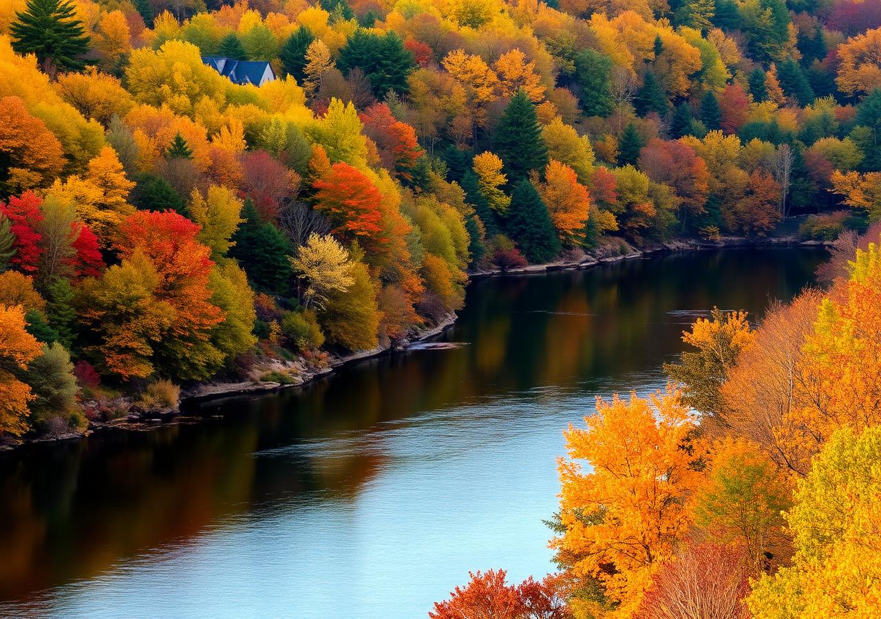Autumn foliage along a bend of the Connecticut River