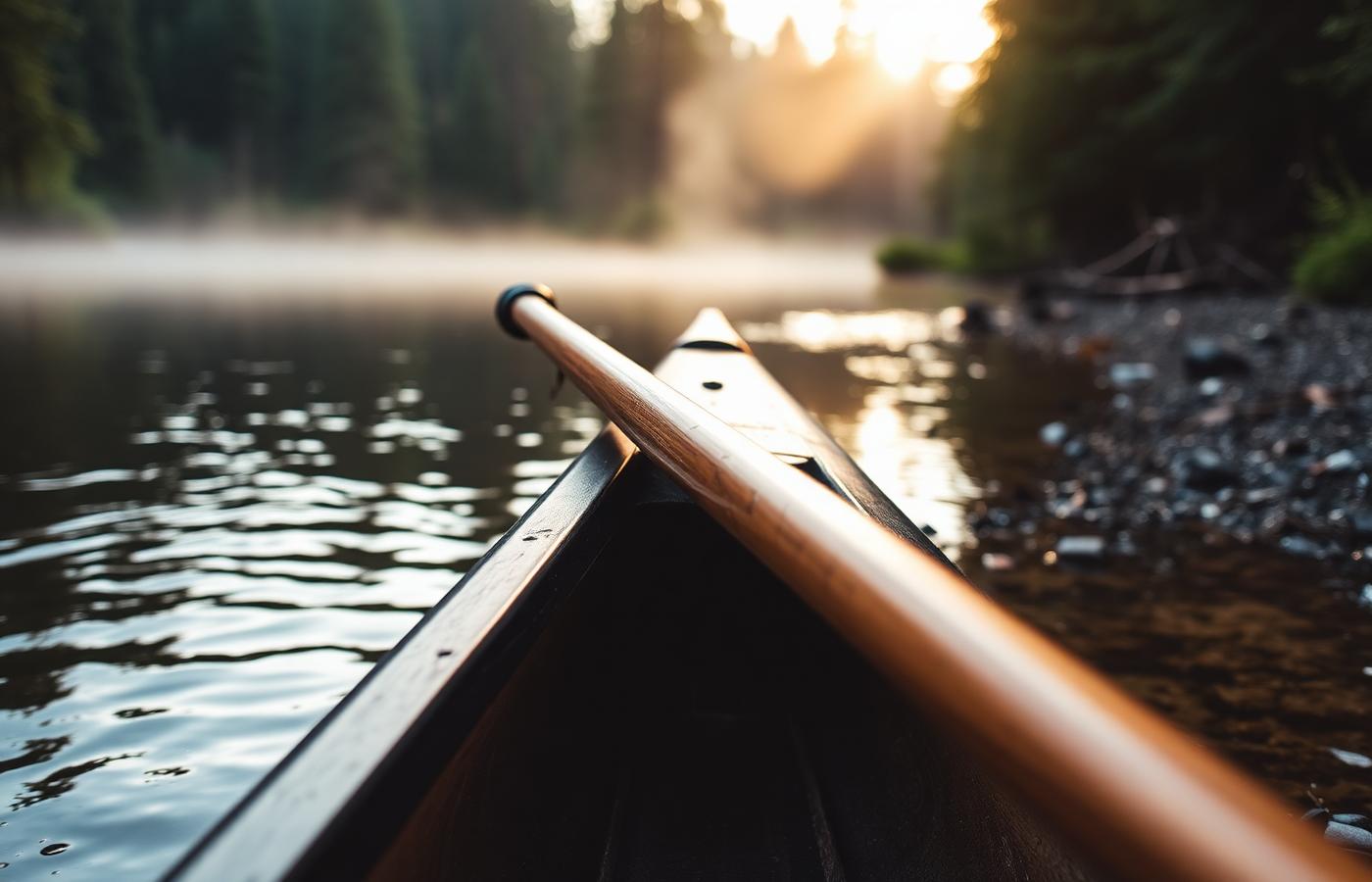 Wooden canoe paddle at river's edge